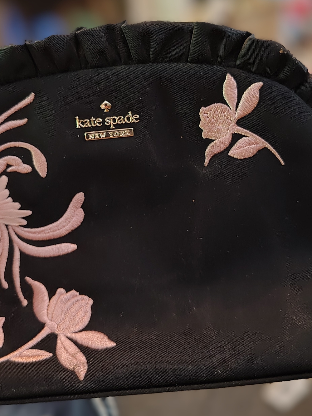kate spade Black Cosmetic Pouch with Pink Floral Embroidery